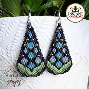May include: A pair of triangular beaded earrings featuring a black background with a geometric pattern of blue, light blue, and green beads. The earrings have silver-toned metal hooks and include a circular logo that reads Stitchbead Patterns and an Instant Download icon.