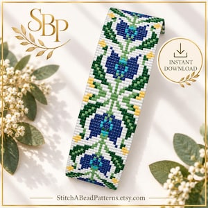 May include: A rectangular beadwork pattern featuring a symmetrical floral design with dark blue, light blue, and green petals on a white background, accented by small yellow dots. The text SBP and INSTANT DOWNLOAD are visible.