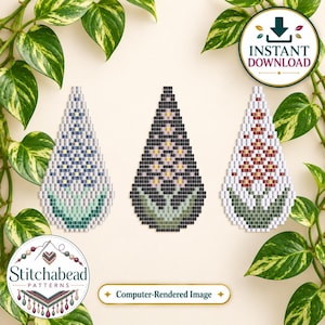 May include: Three teardrop-shaped beadwork patterns featuring floral designs. The left pattern is blue and white, the center is black and pink, and the right is red and white. Each includes green leaves. Text reads INSTANT DOWNLOAD.
