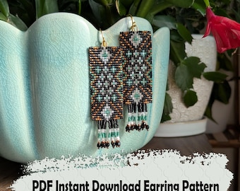 Geometric Beaded Earring Pattern: White, Green and Black Square Stitch (PDF Pattern)