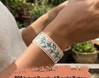 Peach rose buds beaded bracelet pattern: Loom (PDF Pattern)