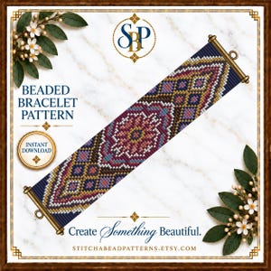 May include: A beaded bracelet pattern featuring a geometric design with shades of purple, pink, gold, and dark blue. The rectangular pattern is displayed diagonally with metallic end bars. Text includes BEADED BRACELET PATTERN, INSTANT DOWNLOAD, Create Something Beautiful, and STITCHBEADPATTERNS.ETSY.COM.