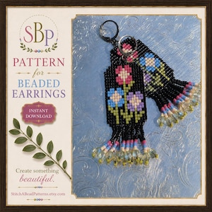 May include: A pair of rectangular beaded earrings featuring a black background with pink, blue, and purple flower motifs, green stems, and dangling clear beads at the bottom. The text reads SBP PATTERN for BEADED EARRINGS INSTANT DOWNLOAD.