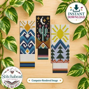 May include: Three rectangular beadwork patterns featuring pixelated designs. The left shows a sun over blue mountains. The center displays a cactus under a crescent moon. The right depicts a sun over a forest. Includes text: INSTANT DOWNLOAD.
