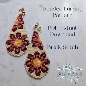 Big red flowers beaded earring pattern-Brick stitch pattern