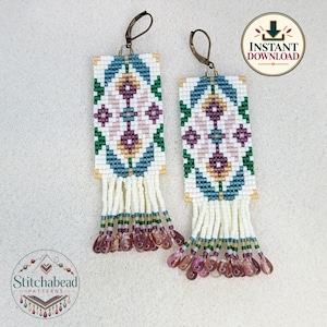 May include: A pair of rectangular beaded earrings featuring a geometric pattern in teal, purple, cream, and gold. The earrings have bronze-toned ear wires and a fringe of cream beads ending in small, translucent purple teardrop-shaped beads.