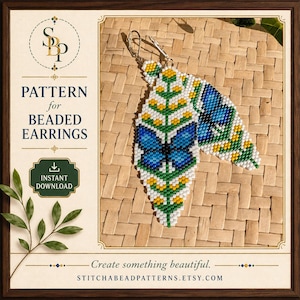 May include: A digital pattern for beaded earrings featuring a blue butterfly and floral design. The text reads: PATTERN for BEADED EARRINGS, INSTANT DOWNLOAD, Create something beautiful, and STITCHBEADPATTERNS.ETSY.COM. The earrings are white, blue, green, and yellow.