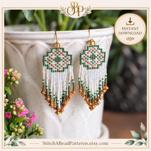 May include: A pair of beaded fringe earrings featuring a geometric pattern in shades of green, white, and metallic copper. The earrings hang from gold-toned hooks and terminate in small metallic copper beads at the base of the white fringe.