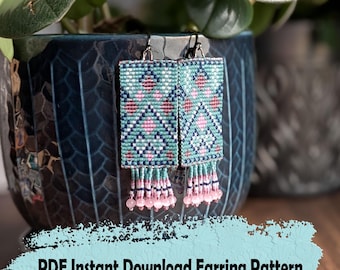 Seed bead beaded earring pattern: Pink and teal square stitch with fringe (PDF Pattern)