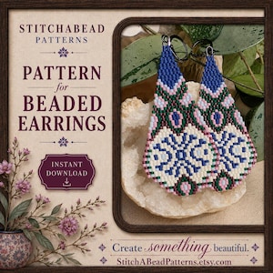 May include: A pair of teardrop-shaped beaded earrings featuring a geometric pattern in blue, white, pink, and dark green. The earrings are displayed on a white crystal cluster. The text reads STITCHABEAD PATTERNS, PATTERN for BEADED EARRINGS, INSTANT DOWNLOAD, and Create something beautiful.