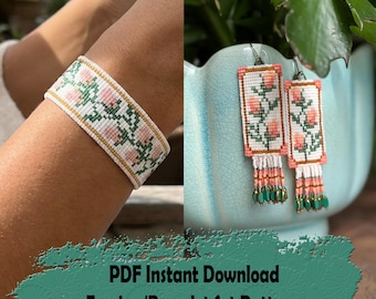 Rose Buds Beaded Earring and Bracelet Pattern: Square Stitch and Loom (PDF Download)