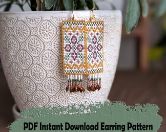 Pattern for beaded earring with fringe: Square Stitch (PDF Pattern) Statement earrings