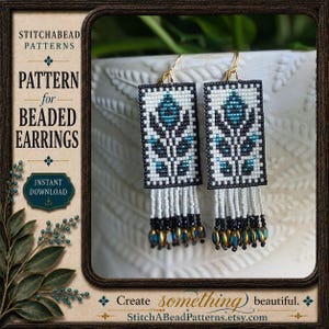 Square Stitch Beaded Earring Pattern | Teal Black White Floral Fringe (PDF Download)