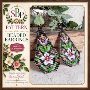 May include: A pair of teardrop-shaped beaded earrings featuring a black background with a floral pattern in white, pink, and green. The text on the left reads SBP PATTERN for BEADED EARRINGS INSTANT DOWNLOAD Create something beautiful. StitchABeadPatterns.etsy.com.