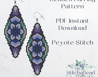 Blue flower Beaded Earring Pattern:  Peyote Stitch (PDF Pattern)