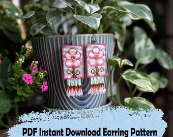 Big Pink flower pattern for beaded earring with fringe: Square Stitch (PDF Pattern) Statement earrings