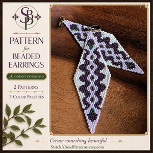 May include: A pair of long, pointed beaded earrings featuring a geometric pattern in shades of white, light purple, and dark purple with small green accents. The text on the left reads: SBP, PATTERN for BEADED EARRINGS, INSTANT DOWNLOAD, 2 PATTERNS, 3 COLOR PALETTES, Create something beautiful., StitchABeadPatterns.etsy.com.