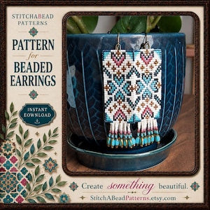 May include: A pair of rectangular beaded earrings featuring a geometric pattern in white, turquoise, black, and pink, finished with a fringe of small beads. The text on the image reads STITCHABEAD PATTERNS, PATTERN for BEADED EARRINGS, INSTANT DOWNLOAD, and Create something beautiful.