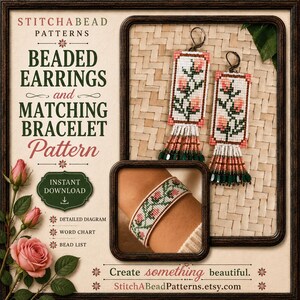 Peach Rose Beaded Earrings & Bracelet Pattern | Loom or Square Stitch | Miyuki Delica 11/0 | Floral Bead Pattern PDF