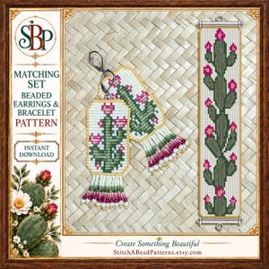 May include: A digital pattern for beaded earrings and a bracelet featuring a cactus design with green and pink beads on a white background. The pattern includes a vertical cactus illustration and two rectangular beaded pieces with fringe.