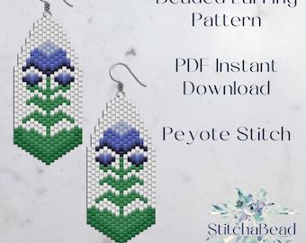 Blue flowers beading pattern for beaded earrings- Odd count Peyote stitch pattern