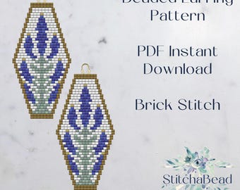 Blue floral beaded earring pattern 2drop brick stitch beading pattern