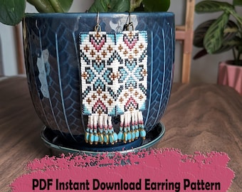 Geometric turquoise beaded earring pattern with fringe: Square Stitch (PDF Pattern)