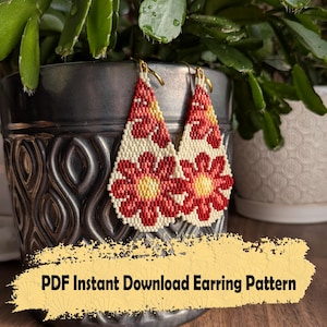 Big red flowers beaded earring pattern-Brick stitch pattern