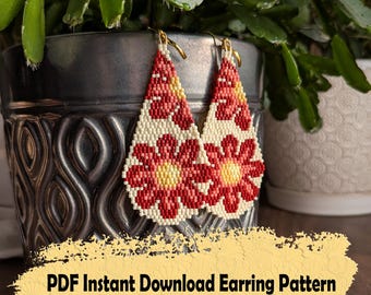 Big red flowers beaded earring pattern-Brick stitch pattern