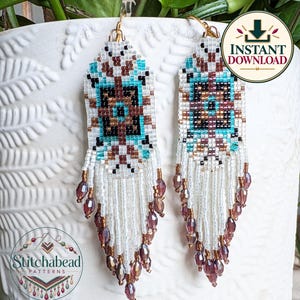 May include: A pair of long beaded earrings featuring a geometric pattern in white, turquoise, black, and brown. The earrings have a fringe of white seed beads ending in faceted purple crystal drops, suspended from gold-toned metal ear wires.