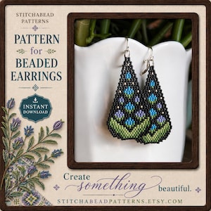 May include: A digital pattern for beaded earrings featuring a floral motif in black, blue, light blue, and green. The text reads STITCHABEAD PATTERNS, PATTERN for BEADED EARRINGS, INSTANT DOWNLOAD, Create something beautiful, and STITCHABEADPATTERNS.ETSY.COM.