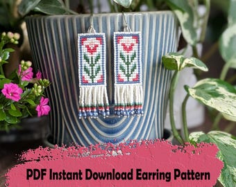 Little pink flower beaded earring pattern: Square stitch with fringe (PDF Pattern)