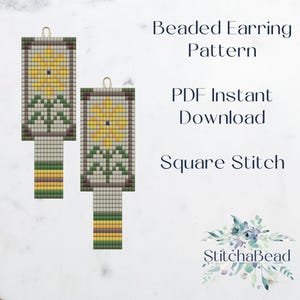 May include: Two beaded earring patterns with a sunflower design. The earrings are rectangular with a yellow flower and green leaves. The bottom portion has horizontal stripes of yellow, green, and brown. Text reads "Beaded Earring Pattern, PDF Instant Download, Square Stitch."