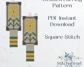 Yellow daisy with fringe beaded earring pattern: Square stitch (PDF Pattern)