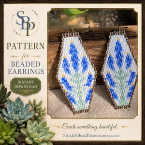 May include: A digital pattern for beaded earrings featuring a floral design in shades of blue, white, and pale green. The text reads: SBP PATTERN for BEADED EARRINGS INSTANT DOWNLOAD. Create something beautiful. StitchABeadPatterns.etsy.com.
