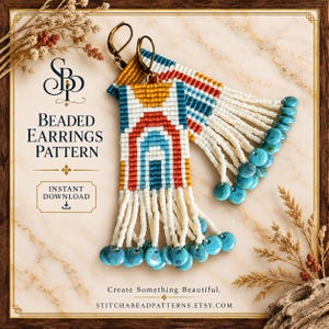 May include: A pair of long beaded earrings featuring a geometric arch pattern in mustard yellow, terracotta red, and teal blue on a white background. The earrings have white beaded fringe ending in round turquoise beads and bronze ear wires.