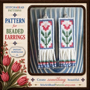 May include: A pair of rectangular beaded earrings featuring a floral motif with pink, green, and blue beads on a white background, finished with white fringe and small blue beads. The text reads STITCHABEAD PATTERNS, PATTERN for BEADED EARRINGS, INSTANT DOWNLOAD, and Create something beautiful.