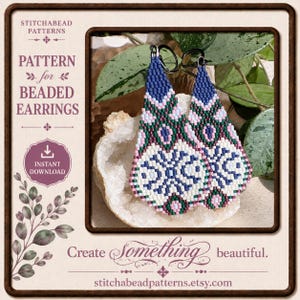 Persian Tile Inspired Beaded Earrings Pattern, 2 Drop Brick Stitch, Miyuki Delica Seed Bead Pattern, Geometric Earrings PDF