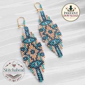 May include: A pair of long, diamond-shaped beaded earrings featuring a geometric pattern in shades of teal, metallic copper, and white. The earrings are suspended from gold-tone metal ear wires and include a circular logo with the text STITCHABEAD PATTERNS.