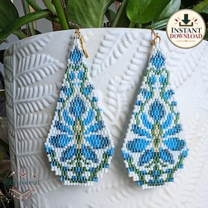 Modèle de boucles d'oreilles pendantes en point de brique, boucles d'oreilles à perles florales bleues, téléchargement PDF