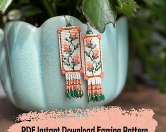 Rose buds floral beaded earring pattern with fringe: Square Stitch (PDF Pattern)