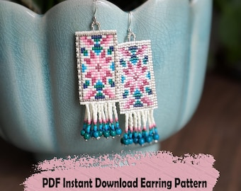 Floral Beaded Earring Pattern: Pink and Blue Square Stitch (PDF Pattern)