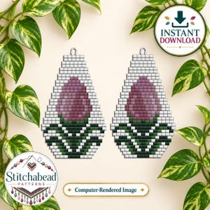 May include: A pair of teardrop-shaped beaded earrings featuring a pixelated design of a purple flower bud with dark green leaves on a white background. The earrings have a small metal loop at the top for attachment and a geometric pattern.