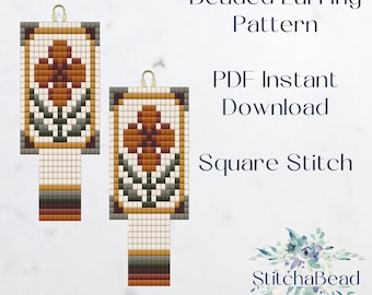 Floral Beaded Earring Pattern: Orange flower square stitch (PDF Pattern)