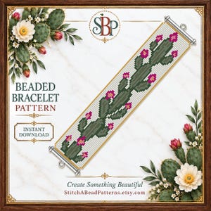 May include: A beaded bracelet pattern featuring a green cactus with pink flowers on a white grid background. The design includes silver-toned end bars with loops. Text on the image reads BEADED BRACELET PATTERN, INSTANT DOWNLOAD, SBP, and StitchABeadPatterns.etsy.com.