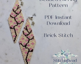 Pink Cherry tree flowers 2 drop brick stitch pattern for beaded earrings