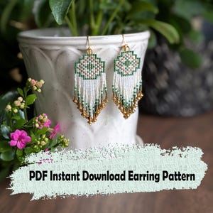 May include: A pair of beaded earrings with a geometric design in green, white, and brown. The earrings have a fringe of white beads and gold-colored accents. The text "PDF Instant Download Earring Pattern" is visible.