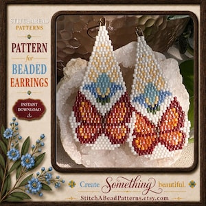 May include: A pair of teardrop-shaped beaded earrings featuring a butterfly wing design in orange, red, white, and blue. The text on the left reads STITCHABEAD PATTERNS, PATTERN for BEADED EARRINGS, INSTANT DOWNLOAD, and Create Something beautiful.