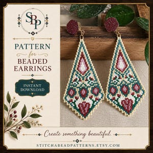 May include: A pair of diamond-shaped beaded earrings featuring a geometric pattern in shades of teal, cream, and maroon, topped with a textured maroon hexagonal stud. The text reads: SBP, PATTERN for BEADED EARRINGS, INSTANT DOWNLOAD, Create something beautiful.