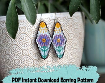 Purple violet flower beading pattern for beaded earrings- Odd count Peyote stitch pattern